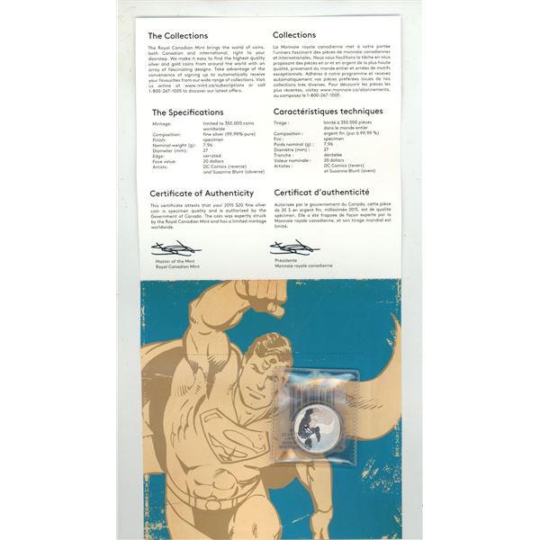 2015 $20 "DC Comics Originals: Superman" Fine Silver Coin.