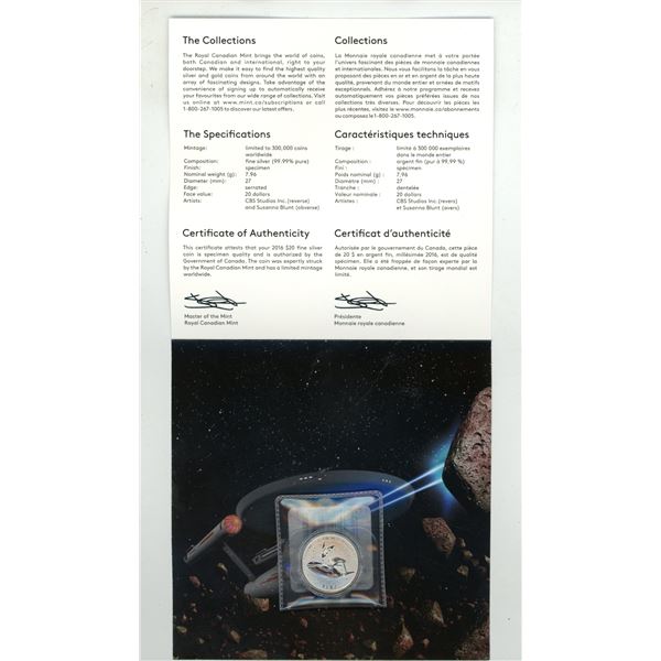 2016 Star Trek™: Enterprise – $20 for $20 Fine Silver Coin issued by the Royal Can