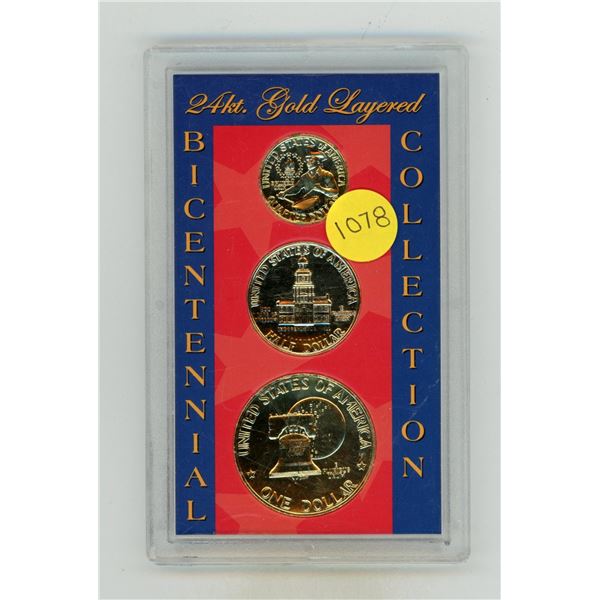 24kt Gold Layered Bicentennial Coin Collection set containing a Washington quarter, Kennedy half dol