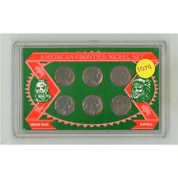 Vintage American Frontier Nickel Set featuring six classic US Buffalo (Indian Head) nickels housed i
