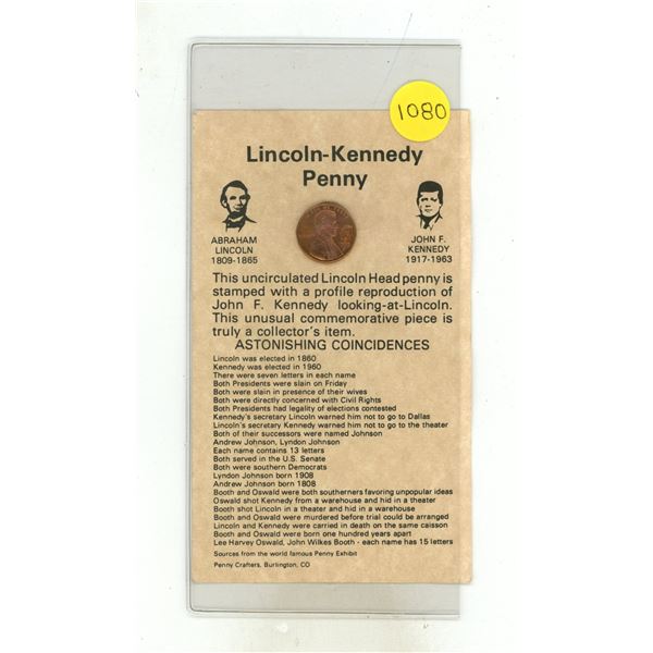 Lincoln-Kennedy novelty counterstamped penny mounted on an "Astonishing Coincidences" informational 