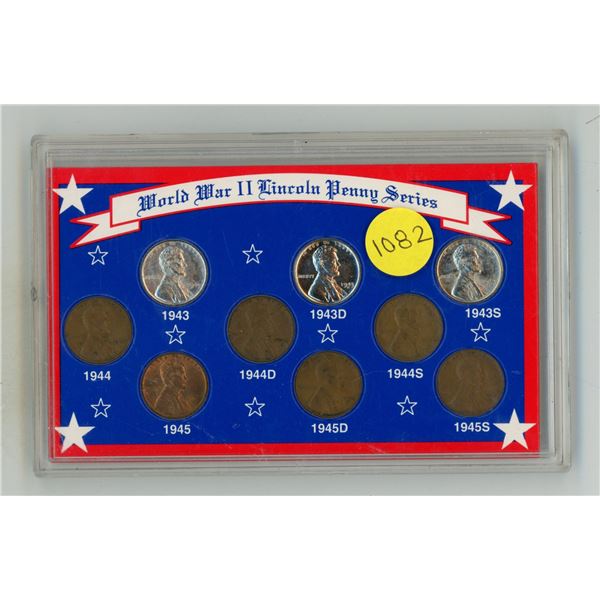 Vintage World War II Lincoln Penny Series display case featuring 1943 steel cents and 1944–