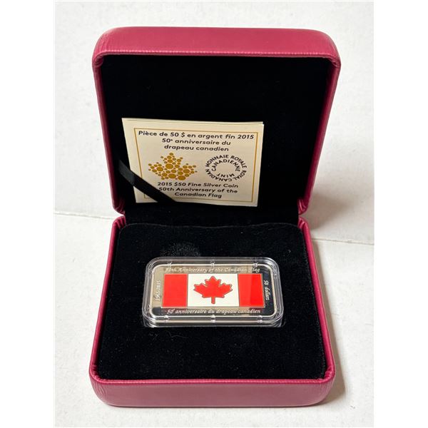 2015 $50 Fine Silver Coloured Rectangular Coin – 50th Anniversary of the Canadian Flag issu