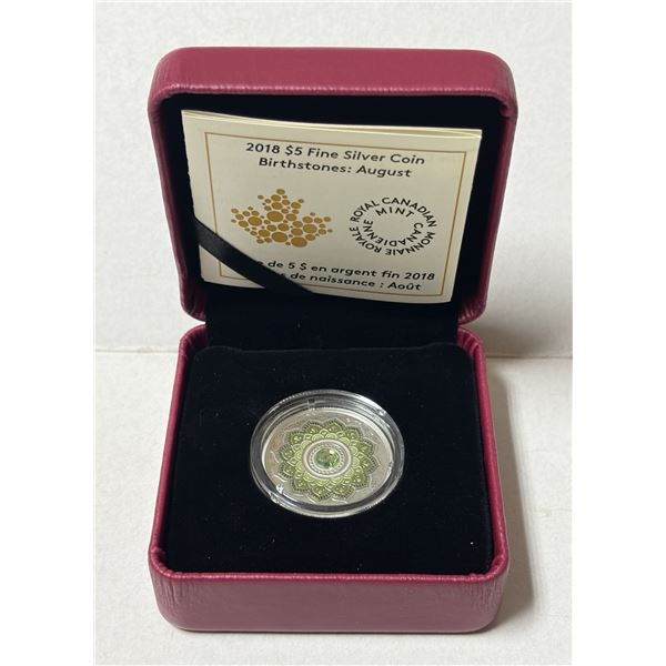 2018 August Birthstone Fine Silver Coin issued by the Royal Canadian Mint, featuring a central Swaro