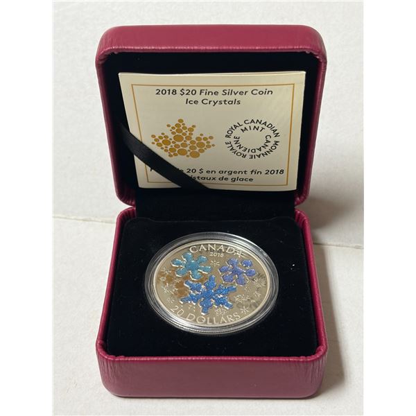 2018 $20 Ice Crystals 1 oz Pure Silver Coin issued by the Royal Canadian Mint.