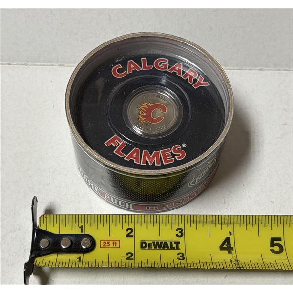 2008 Royal Canadian Mint Calgary Flames Special Edition $1 coin and hockey puck set, featuring a col