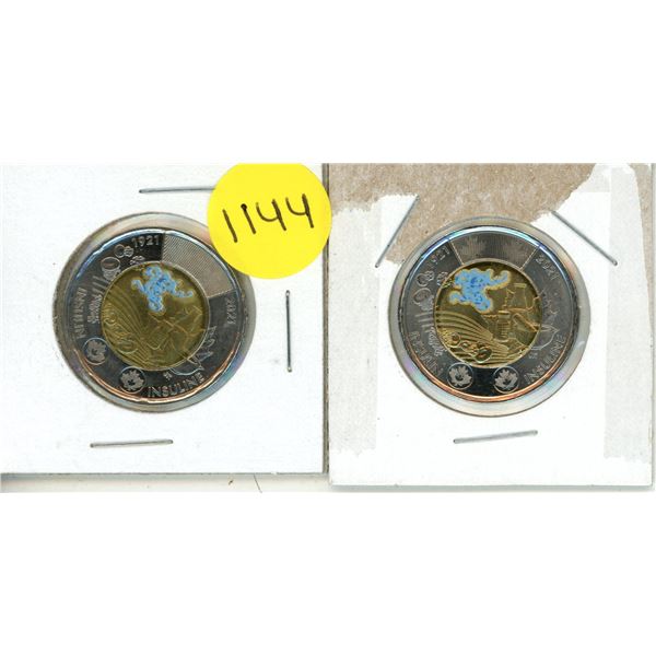 (2) 2020 Canada Two Dollar - 100th anniversary of the discovery of insulin - Coloured.