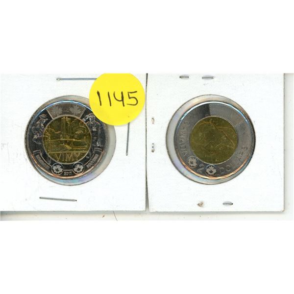 2017 Canadian $2 'Toonie' commemorating the 100th anniversary of the Battle of Vimy Ridge and 2020 C