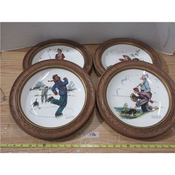 (4) Norman Rockwell Decortaive Plates in Wooden Frame