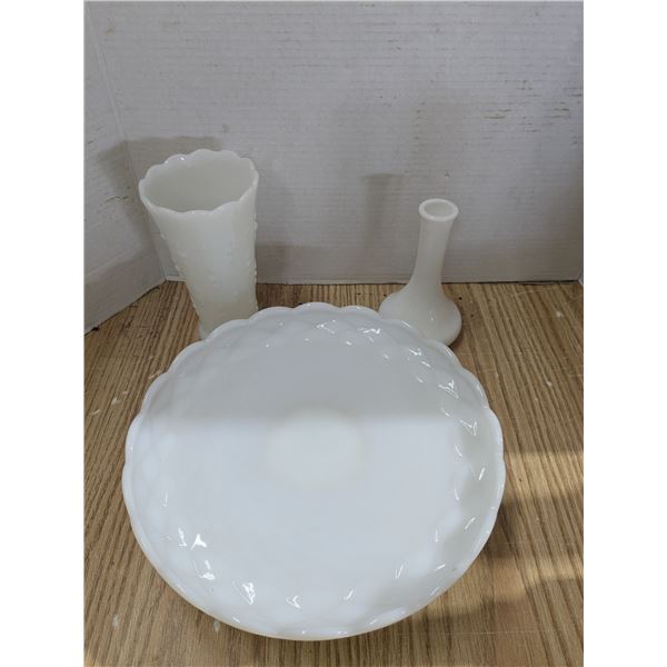 White glass vases and cake platter