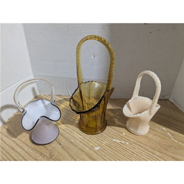 3 glass miniature bridal baskets