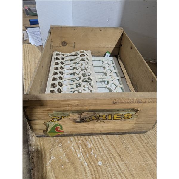 Vintage Cherry crate, with two metal heat register grates, one broken
