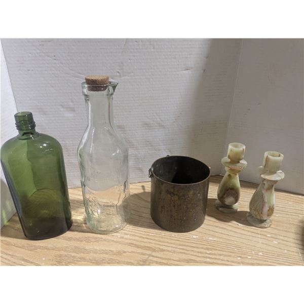 Vintage bottles, 4" brass pail, stone candle holders