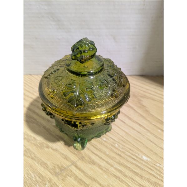 Green and yellow reproduction depression glass candy dish