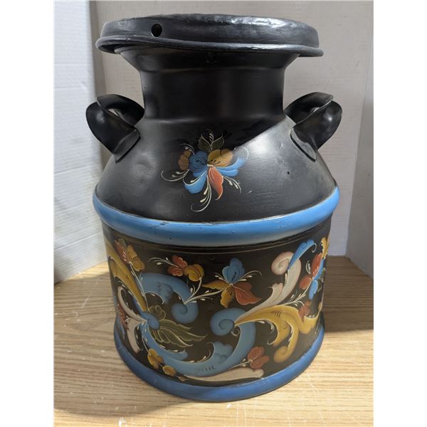 Hand painted vintage metal milk can, 5 gallon