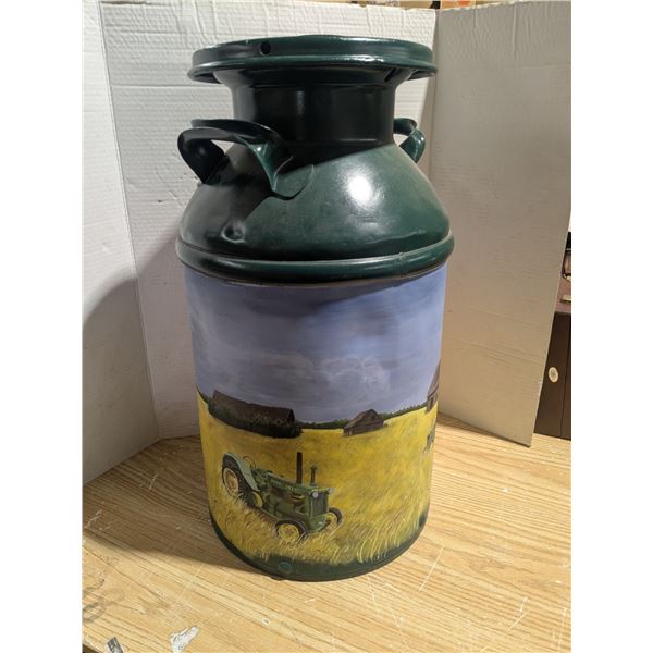 Hand painted vintage milk can, John Deere tractors, 8 gallon