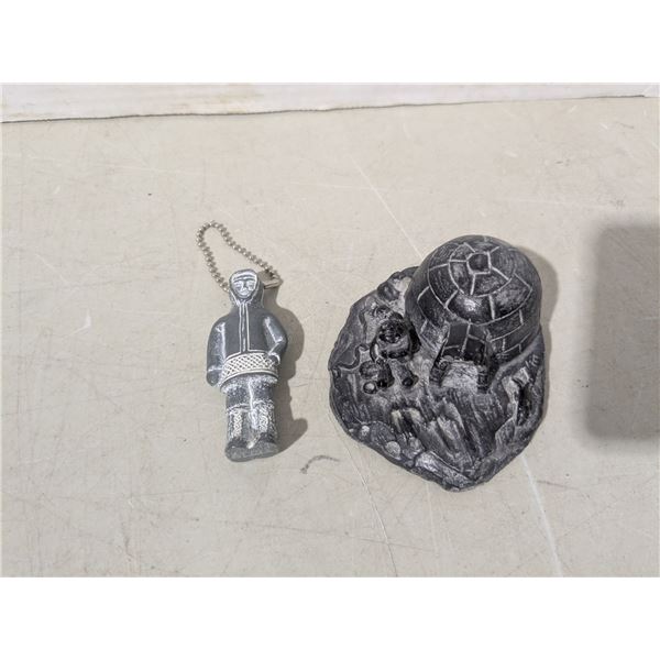 2 stone carvings - eskimo keychain and igloo