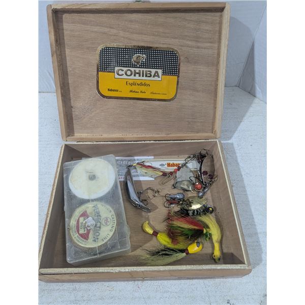 Cuban cigar box with fishing lures and line