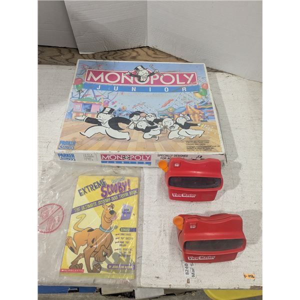 Vintage monopoly junior board game, with books and viewmaster toys