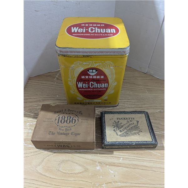 2 vintage cigar boxes with large square tin