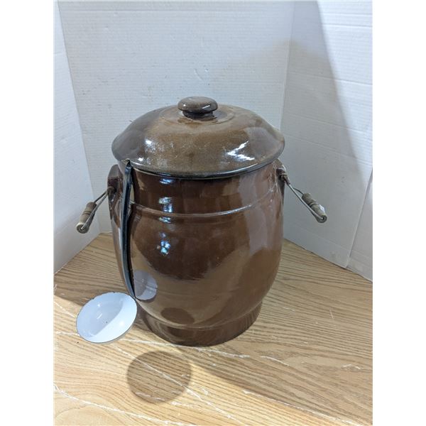 Vintage stoneware water cooler, no chips or cracks on main vessel, chips on lid, no spout, includes 