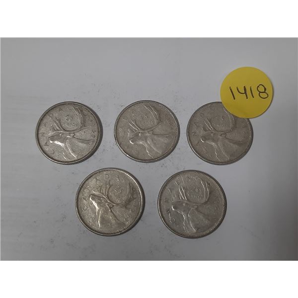 1960, 1961, 1962, 1963, 1964 Canada Silver 25 Cents.