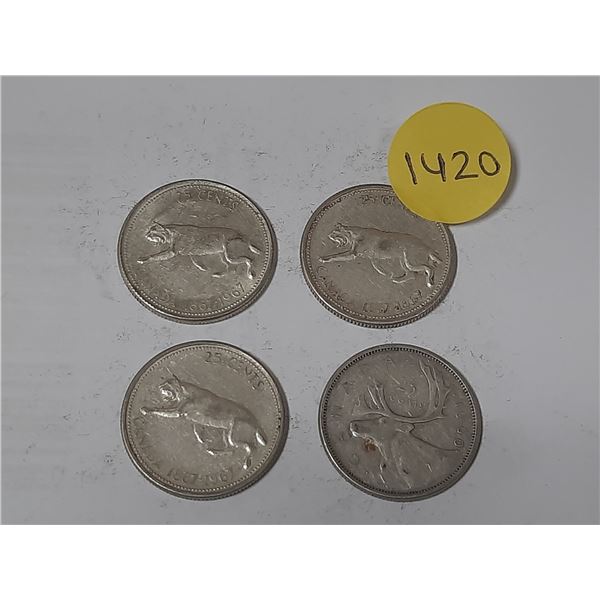 (3) 1967 and (1) 1960 Canada Silver 25 Cents.