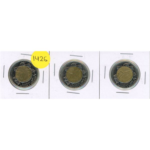 (3) 1999 Canadian Nunavut "Inuit Drummer" Two Dollar Coins.