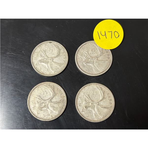1957, (2) 1958, 1959 Canada Silver 25 Cents.