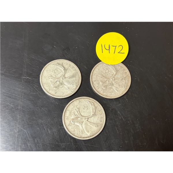 1957, 1958, 1959 Canada Silver 25 Cents.