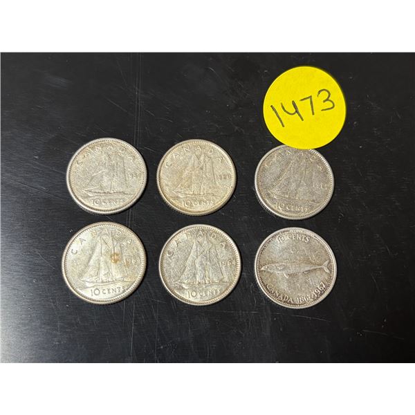 1957, 1960, 1962, (2) 1964, 1967 Canada Silver 10 Cents.