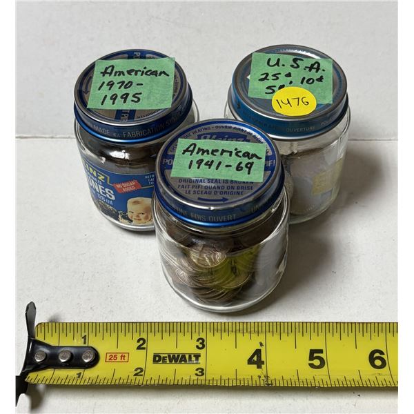 Jar of U.S.A One Cents from 1941 to 1995 and Jar of assorted U.S.A  5,10, 25 Cents.