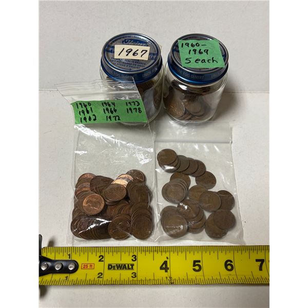 Assorted Jars and Packet of Canadian One Cents As Shown.
