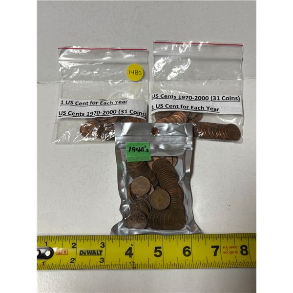 Assorted Packets of U.S.A. One Cents As Shown with 1940's Canadian One Cents.