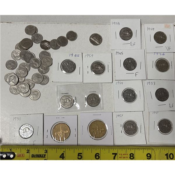 Assorted Packets of Canadian (30) Ten Cents, (14) Five Cents, (2) One Dollar.