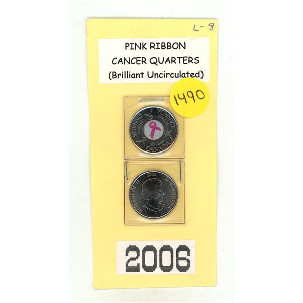 2006 Canadian 25-cent coin celebrating Breast Cancer Awareness, featuring a coloured pink ribbon.
