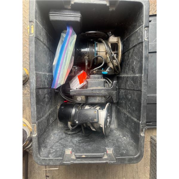 Two Routers and a Sander in a Plastic Bin