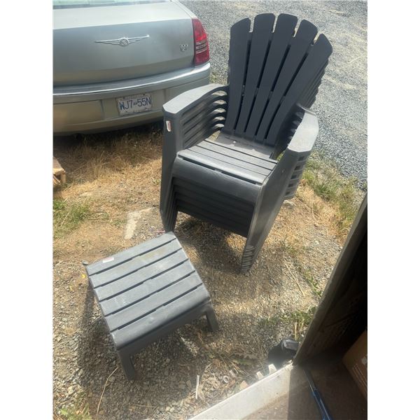 Set of Six Plastic Adirondack -Style Chairs with 2 Foot Stools