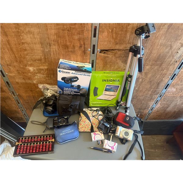 Electronics Assortment: Cameras, Portable DVD Player, and Accessories
