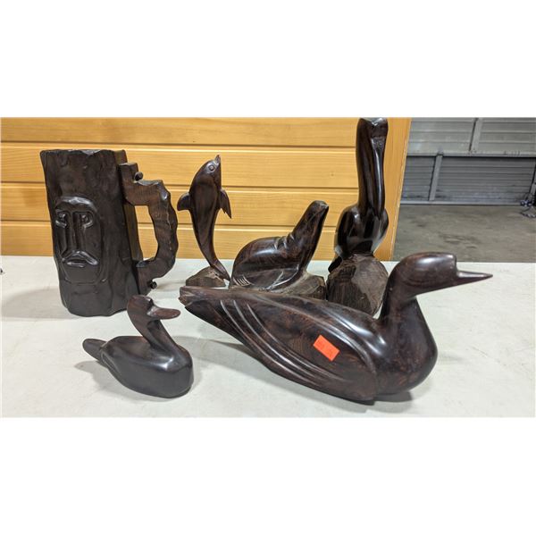 Lot of Carved Iron Wood w/ Animal Figurines & Mug