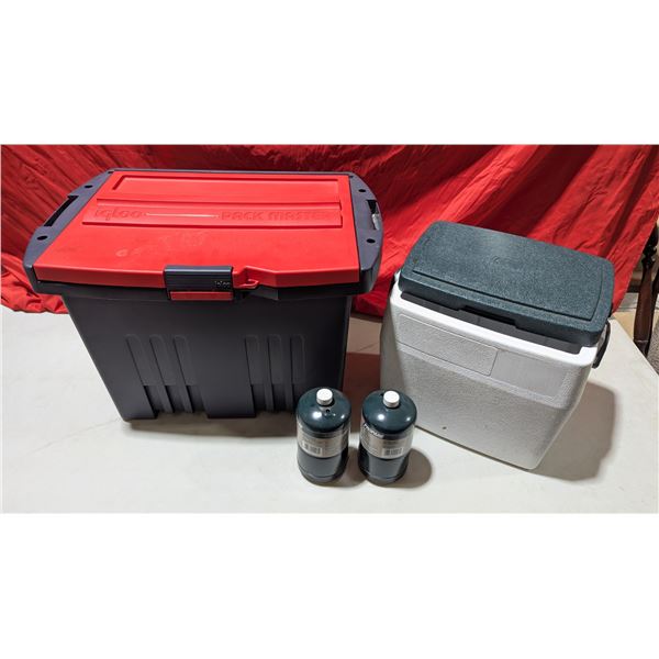 Igloo Pack Master, Coleman Cooler, & 2 Small Propane Tanks