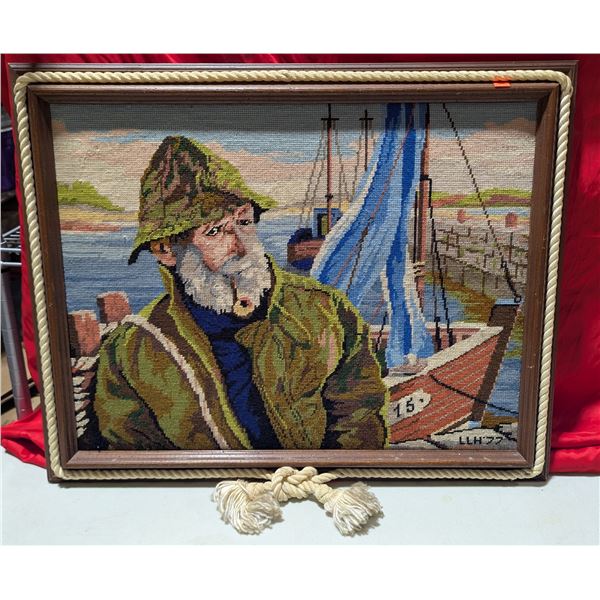 Framed "Le Pecheur" Needlepoint Piece Made in France