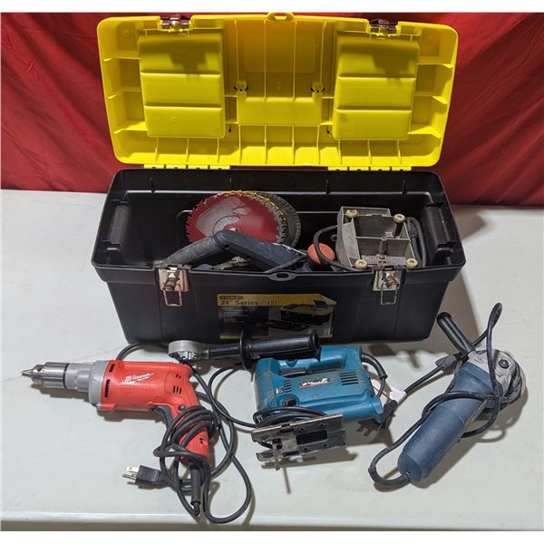 Stanley Tool Box With Contents: Milwaukee Drill, Grinder, Saw Blades, & More