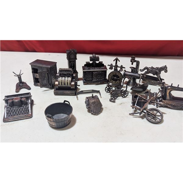 Assorted Miniature Cast Smalls: Cash Register, Ice Box, Stove, Creamer, & More