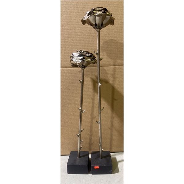 2 Heavy Cast Metal Rose Decor Statues