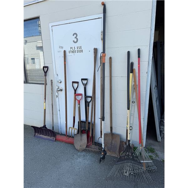 Assorted Lawn Tools: Shovels, Rakes, & More