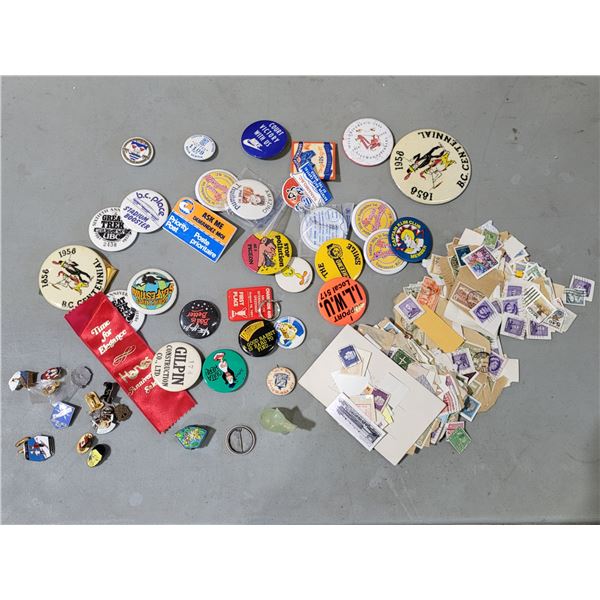 Vintage Variety: Stamps, Pinbacks, Enameled Box