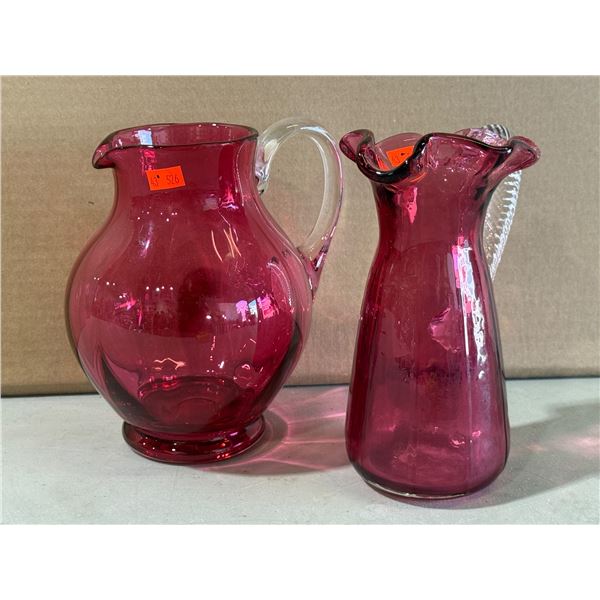 2 Vintage Art Glass Cranberry Red Pitchers (1 Hand Blown)