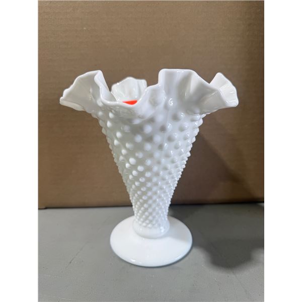 Vintage Fenton Hobnail Milk Glass Ribbon Vase