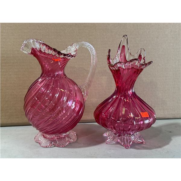 2 Vintage Art Glass Cranberry Red Hand Blown Pitchers